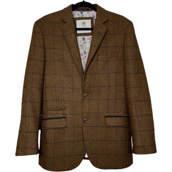 House of Cavani Wool Mix 38 Blazer Jacket Vest Waistcoat Brown Blue Plaid 2pc - Picture 2 of 13